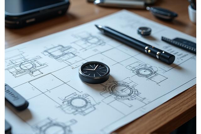 Conceptual sketches and blueprints of a modern watch on a designer's desk