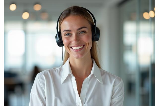 Professional customer service specialist smiling and ready to help