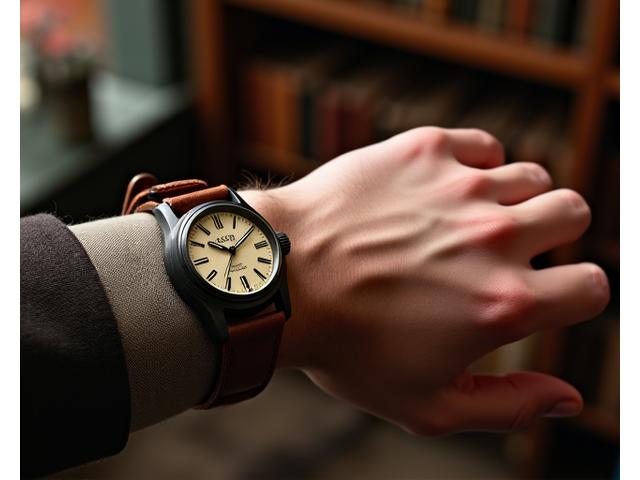 Watch with vintage design on a wrist, sepia tone